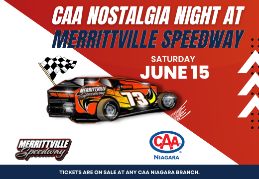 Race flag and car with CAA Niagara and Merrittville Speedway logos