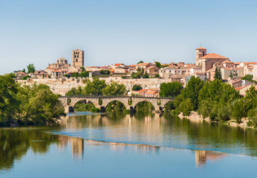 Panorama of Zamora with Romanesque style cathedral and ancient bridge over Duero river