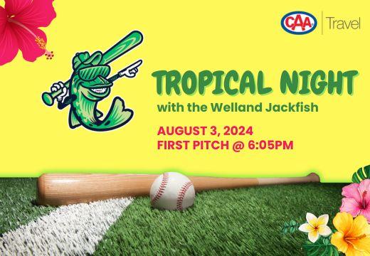 Baseball, Baseball Bat and Tropical Flowers with CAA Travel and Welland Jackfish Logos