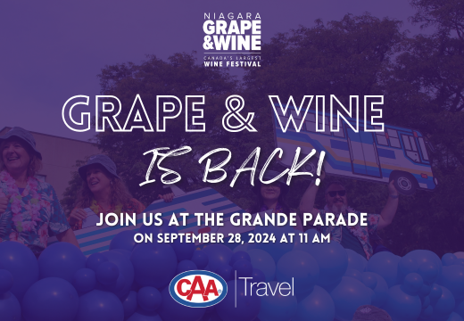 Photos faded in the Background of the 2023 Grape & Wine Parade - Text in Foreground with Date & Time of 2024 Parade