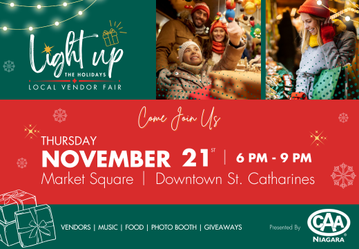 photos of a family and a woman shopping. Light Up the Holiday event details and logo