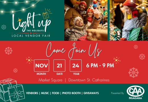 photos of a family and a woman shopping. Light Up the Holiday event details and logo