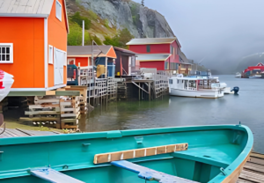 coastline with canoes