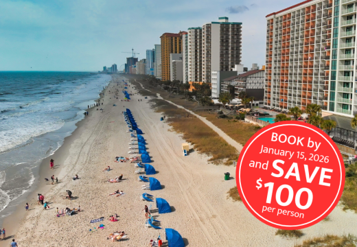 Aerial view of Myrtle Beach, South Carolina. Buildings and beach at sunset.