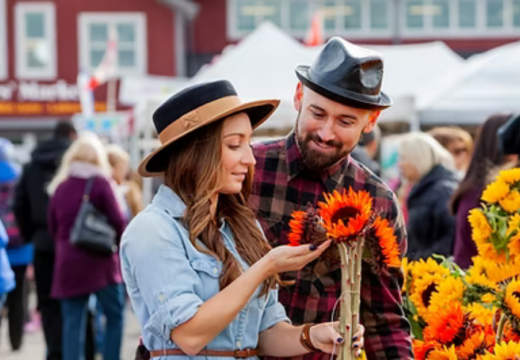 couple looking at sunflowers being sold at a booth outside at the St Jacobs Farmers Market on a summer day
