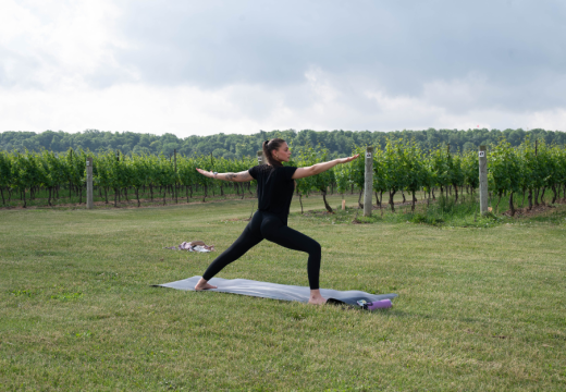 woman outside on nice day doing yoga in vineyard