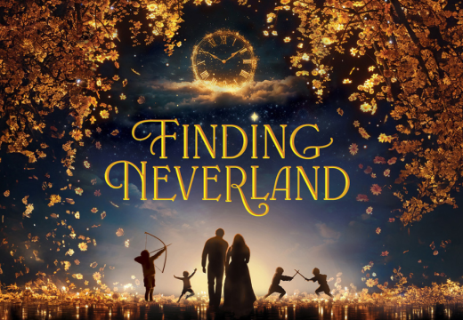 Finding Neverland title above silhouettes of people walking and playing with glowing florals surrounding them