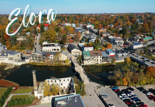 An aerial of downtown Elora, Ontario, Canada