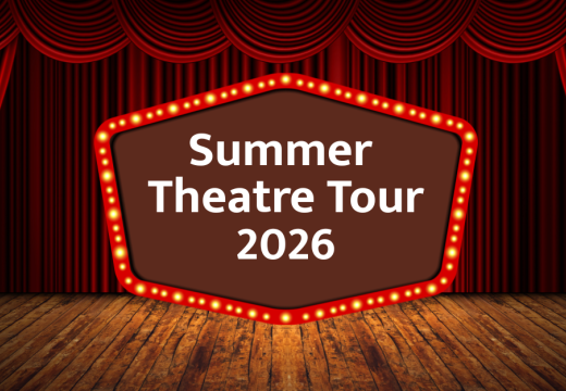 theatre curtains with spotlight saying summer theatre tour