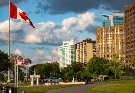 downtown Windsor, Ontario with Canadian flag