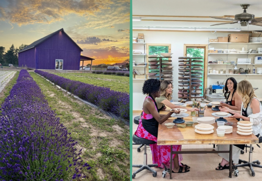 lavender field and group of women doing pottery together indoors