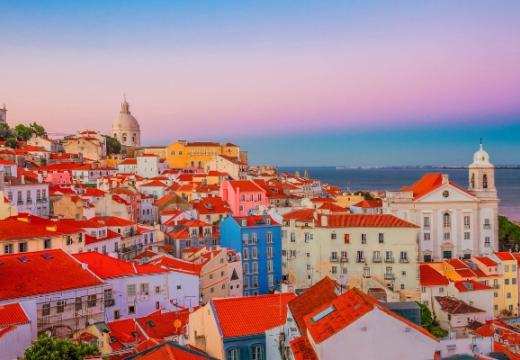 view of Alfama old town at sunset, Lisbon, Portugal