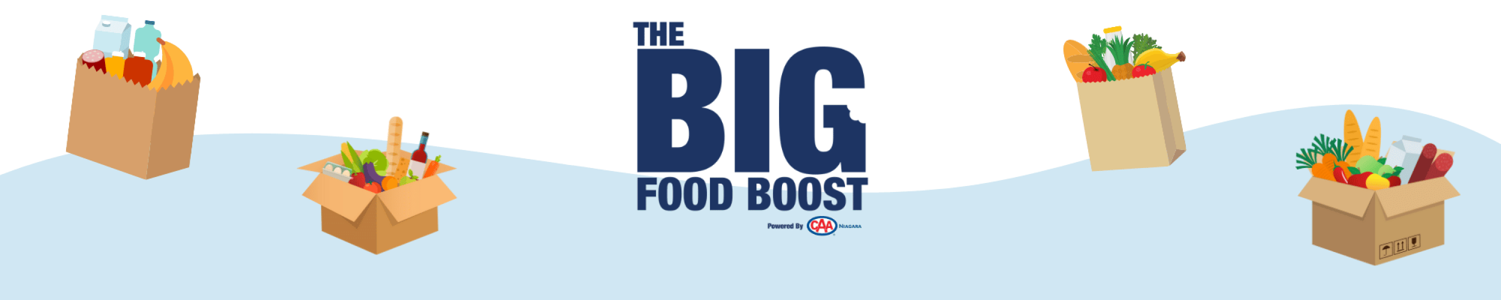 Big Food Boost Logo and Boxes of Food Donations