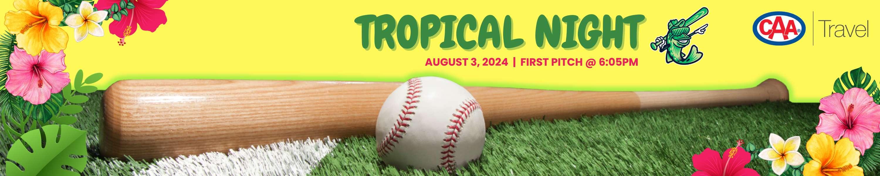 Baseball, Baseball Bat and Tropical Flowers with CAA Travel and Welland Jackfish Logos