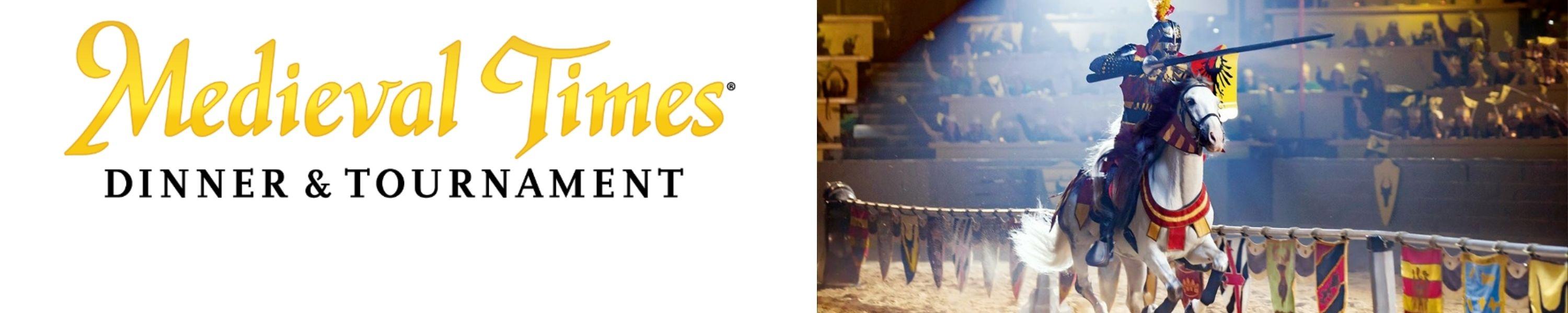 Medieval Times logo and Knight jousting