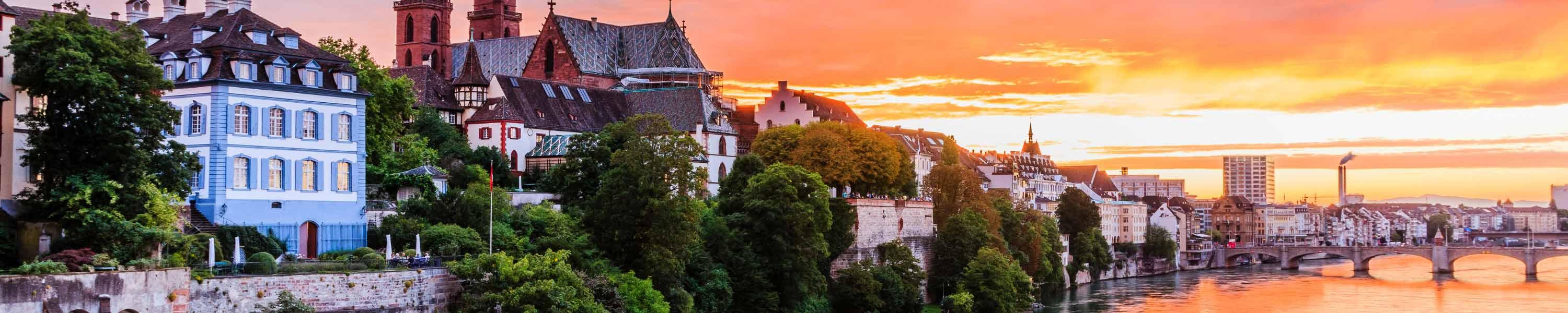 Old town on the Rhine river at sunset in Basel, Switzerland