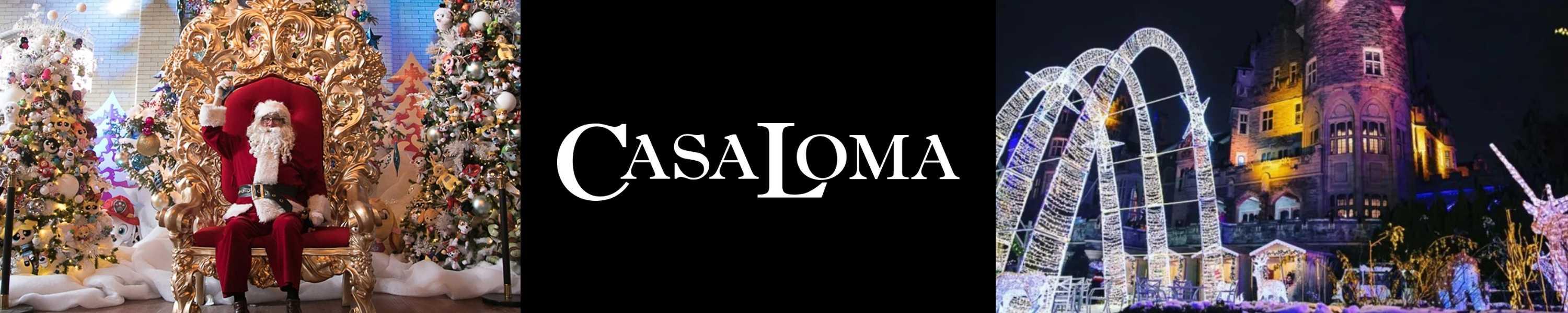 Casa Loma logo with images of indoor and outdoor holiday decor