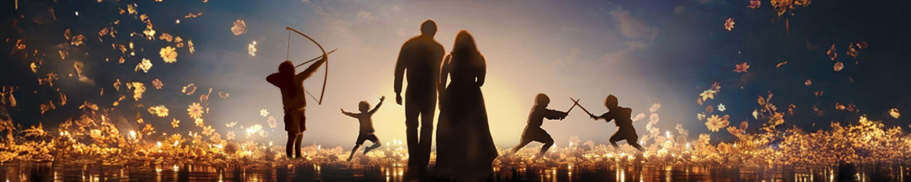 silhouettes of people walking and playing with glowing florals surrounding them