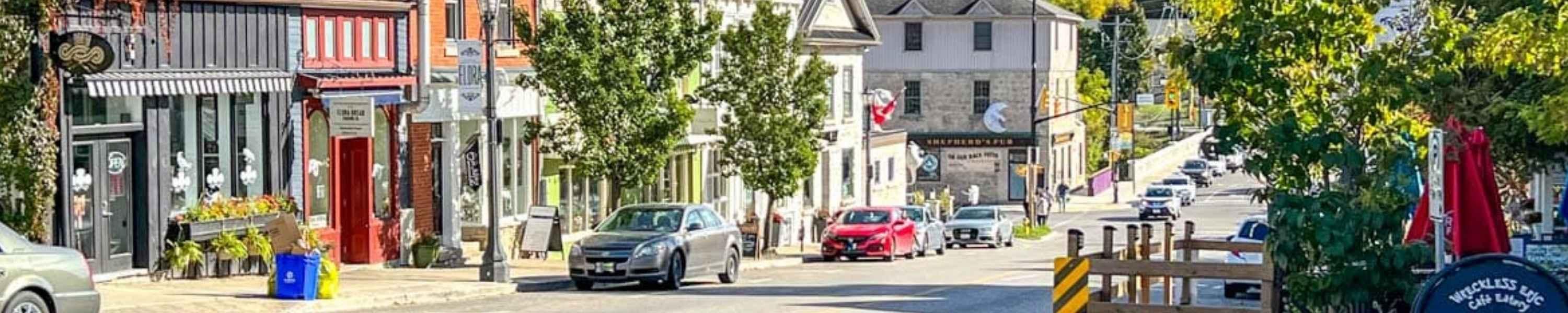 Street in Elora, Ontario with small quaint shops