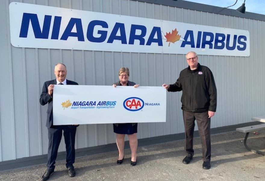 Paul Mountain, Executive Vice President of Niagara Airbus, posed with Janice Thomson, Board Chair of CAA Niagara, and Peter Van Hezewyk, CEO and President of CAA Niagara