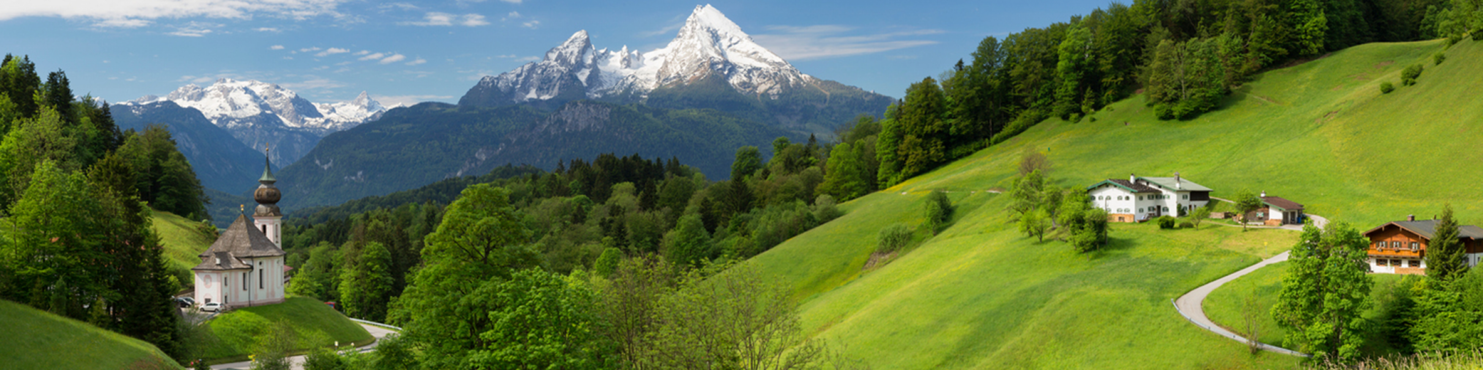 Maria Gern Church in Bavarian Alps on Mountain Panorama view